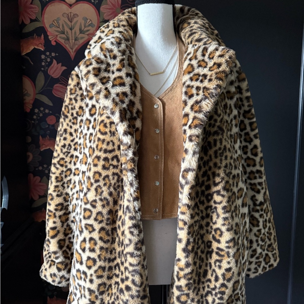 Halogen Leopard Print Faux Fur Coat Short Cozy Animal